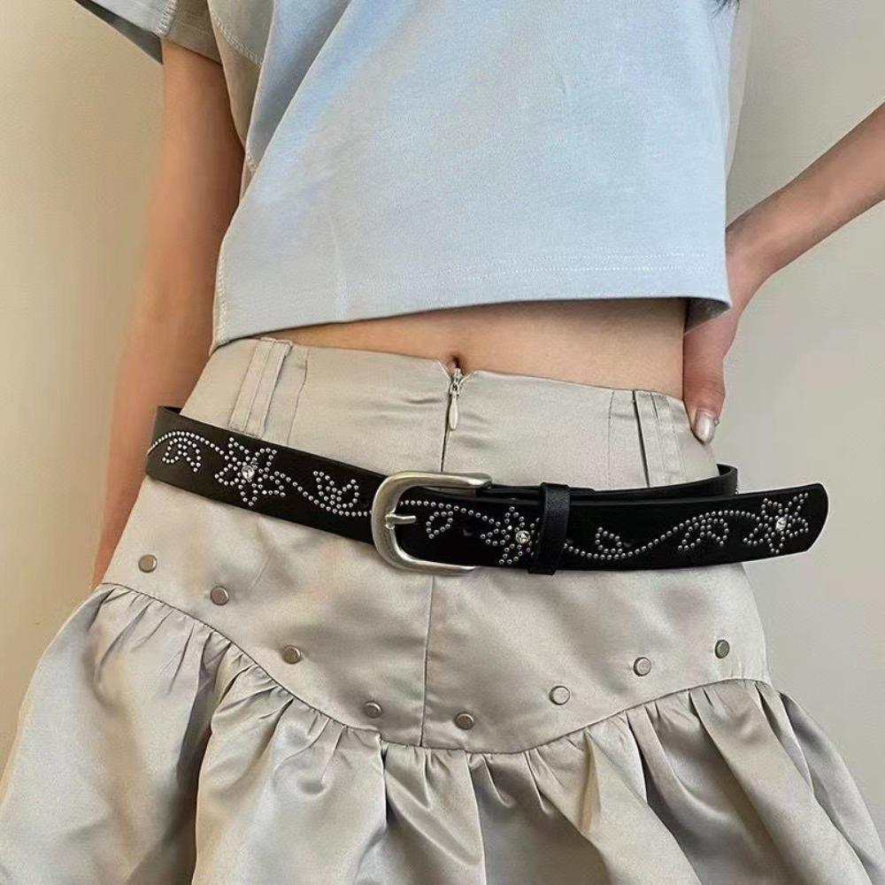 Flower Rivet Belt Y2K PU Leather Waistband Unique Rhinestone Belt Women
