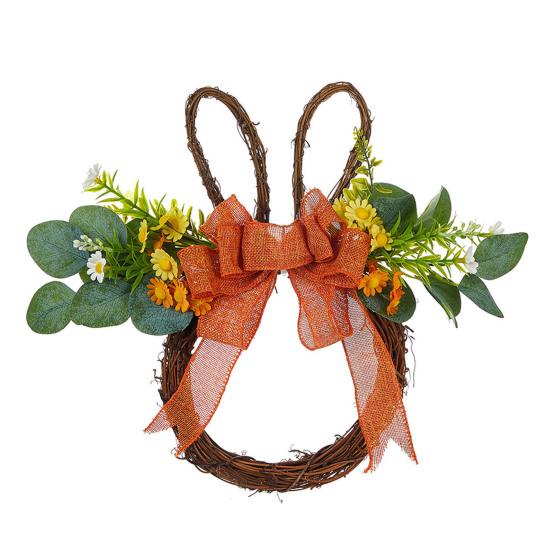 Венок пасхального кролика из ротанга, плетеный в форме кролика, венок с бантом, искусственная зелень для камина, двери, стены, окна, декор