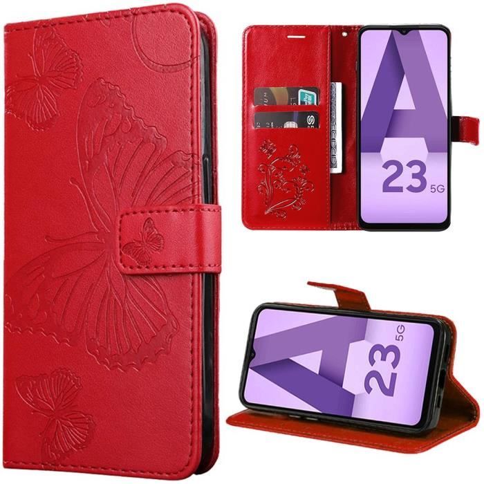 Protective Case - BOOLING - for Samsung Galaxy A23 5G - Synthetic Leather - Butterfly Pattern - Red