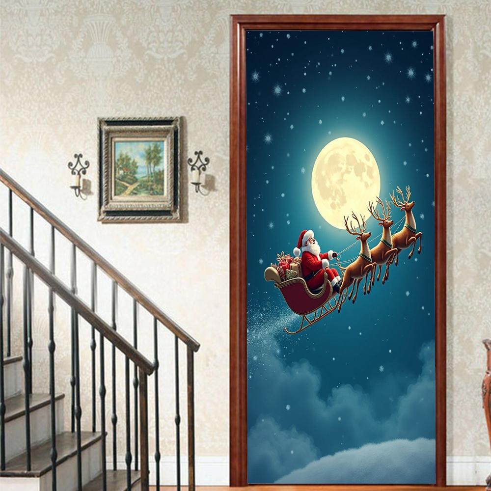 Рождественский Дед Мороз ПВХ Самоклеящаяся Водонепроницаемая Наклейка на Дверь Современная Имитация Фреска Обои Гостиная Кабинет Домашний Декор Искусство Постер на Дверь