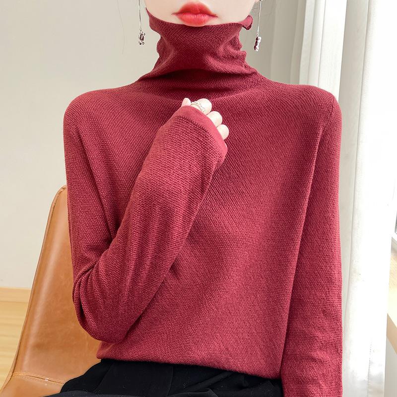 Осенний женский вязаный свитер с наборным воротом, длинный рукав, женские однотонные топы