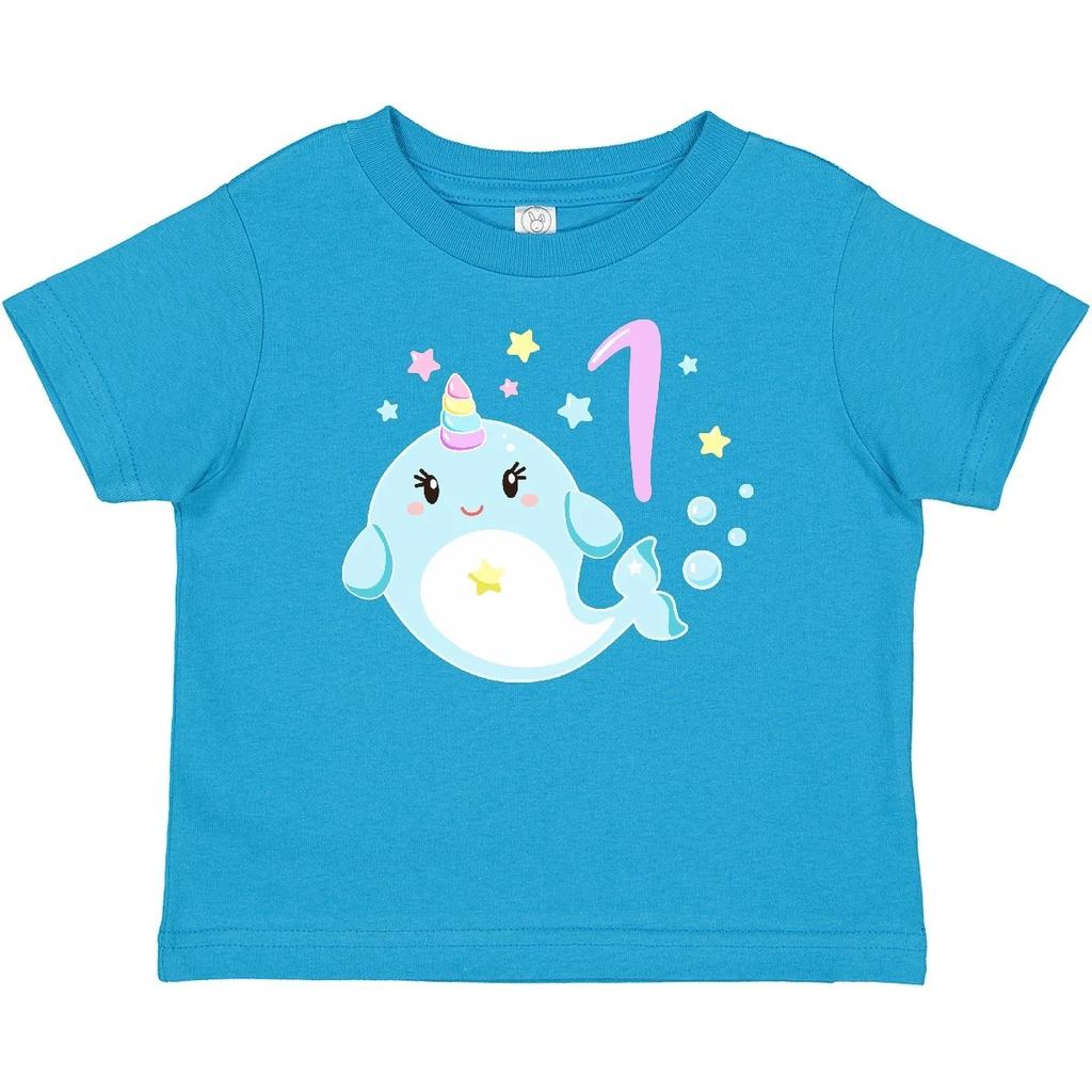 Inktastic Happy 1st Birthday With Cute Narwhal Stars And Bubbles Baby T-Shirt 1