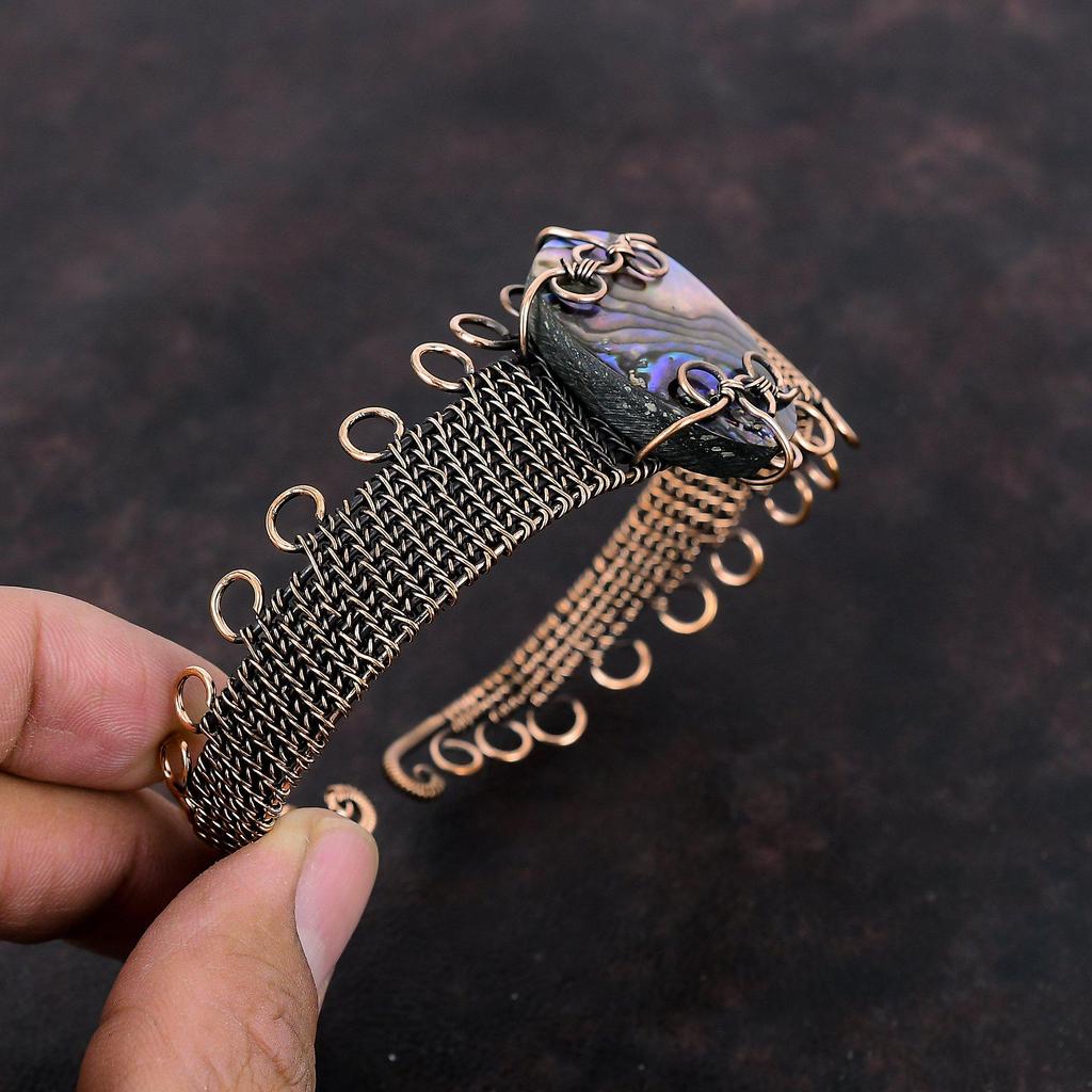 Abalone Shell Bangle Copper Wire Wrapped Cuff Bracelet Handmade Real Gemstone Bangle Adjustable Cuff Bracelet Wire Wrap Jewelry Gift For Her