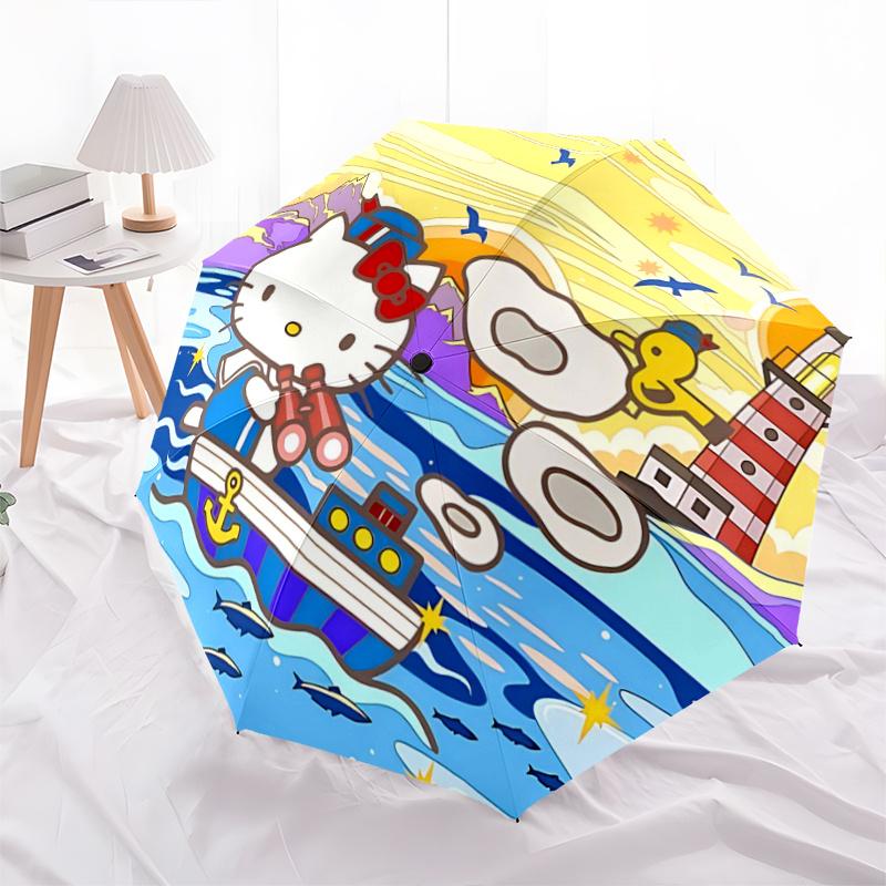 1pc Hello Kitty Nautical Adventure Automatic Opening Umbrella - Portable Tri-Fold Design with 8-Bone Iron Frame, Perfect for Outdoor Use, Festive Gift