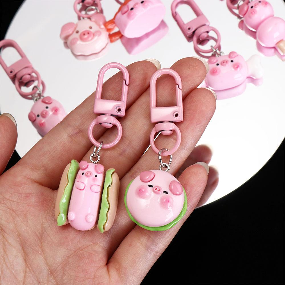 Gourmet Hamburger Pig Animal Keyring Resin Pig Food Keychain Creative Pink Pig Metal Keychain  Kids