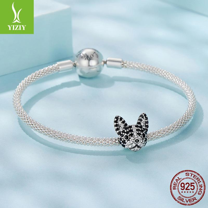 S925 Sterling Silver Boston Dog Beaded Accessories, Exquisite Three-Dimensional Black And White Zircon Beads Loose Beads