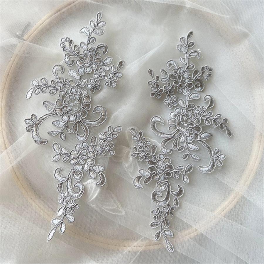 1 Pair Flower Sew On Lace Patches Embroidery Applique Repair For Wedding Dresses 23*10cm