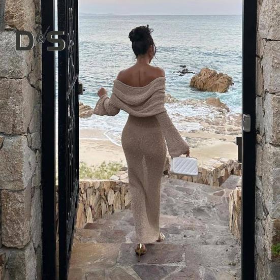 Вязаное платье макси для женщин с длинным рукавом, прозрачное открытое плечо, элегантное длинное платье для вечеринок, пляжа