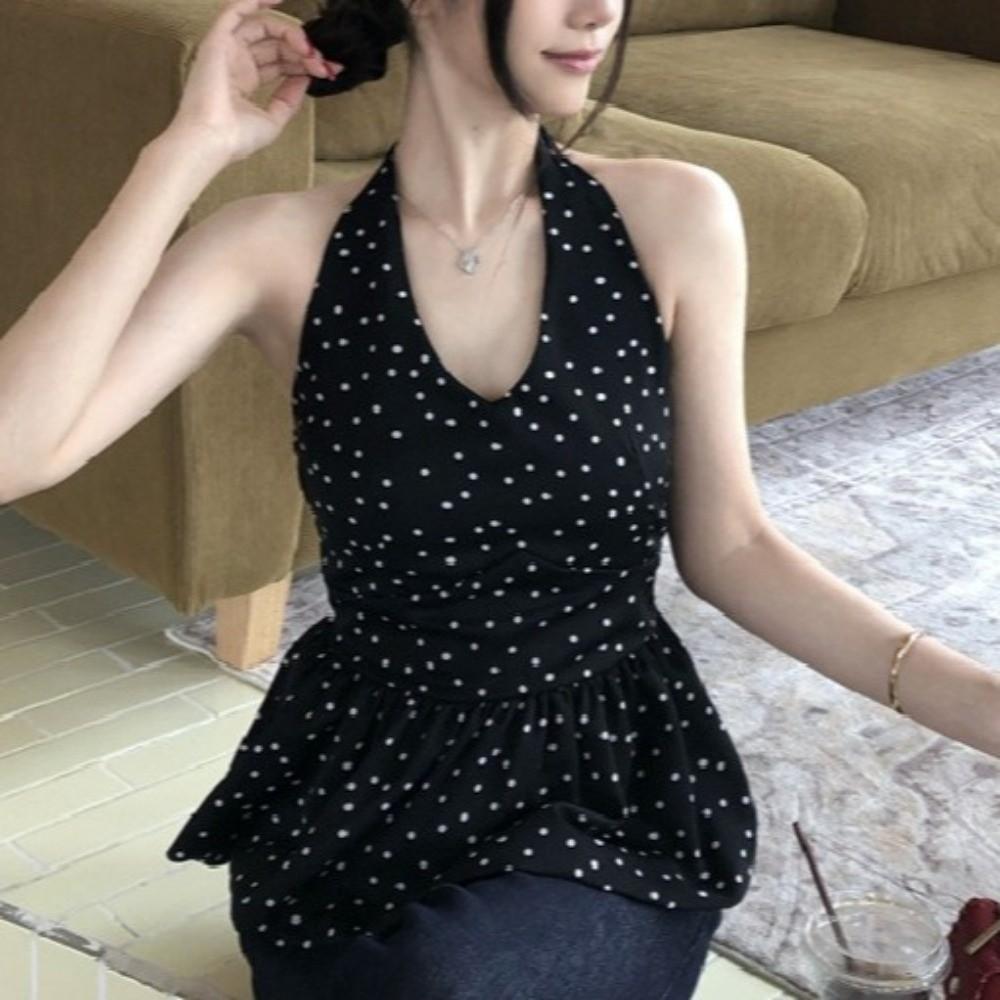 Y2k Halter Ruffle Vest Top Polka Dot Women Camisole Comfortable Sleeveless Crop Top  Female