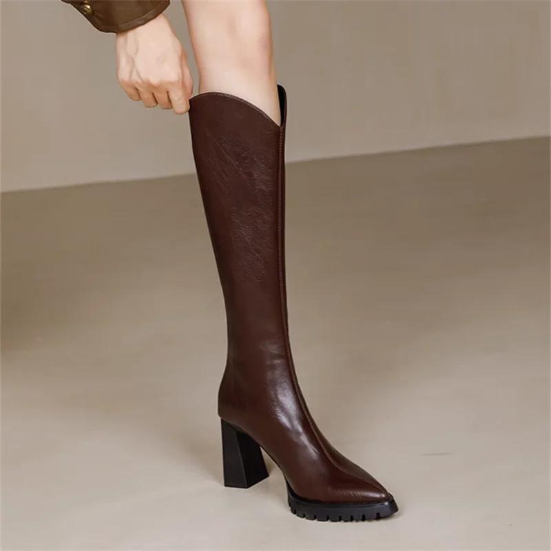 Fashion Elegant Heeled Women's Long Boots High Heels Leather Brown Ladies Knee Shaft Shoes Pointed Toe Waterproof Y2k Chic New Rock Work