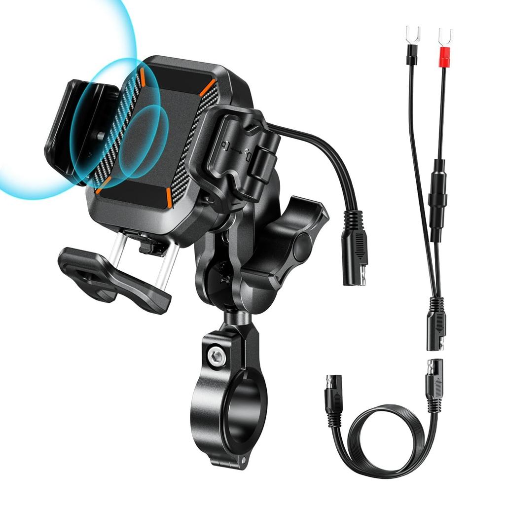 Motorcycle Phone Holder 15W Wireless Charger and 36W USB C Fast Charging for 5.2"-7.2" Up To 15mm Thick Phones