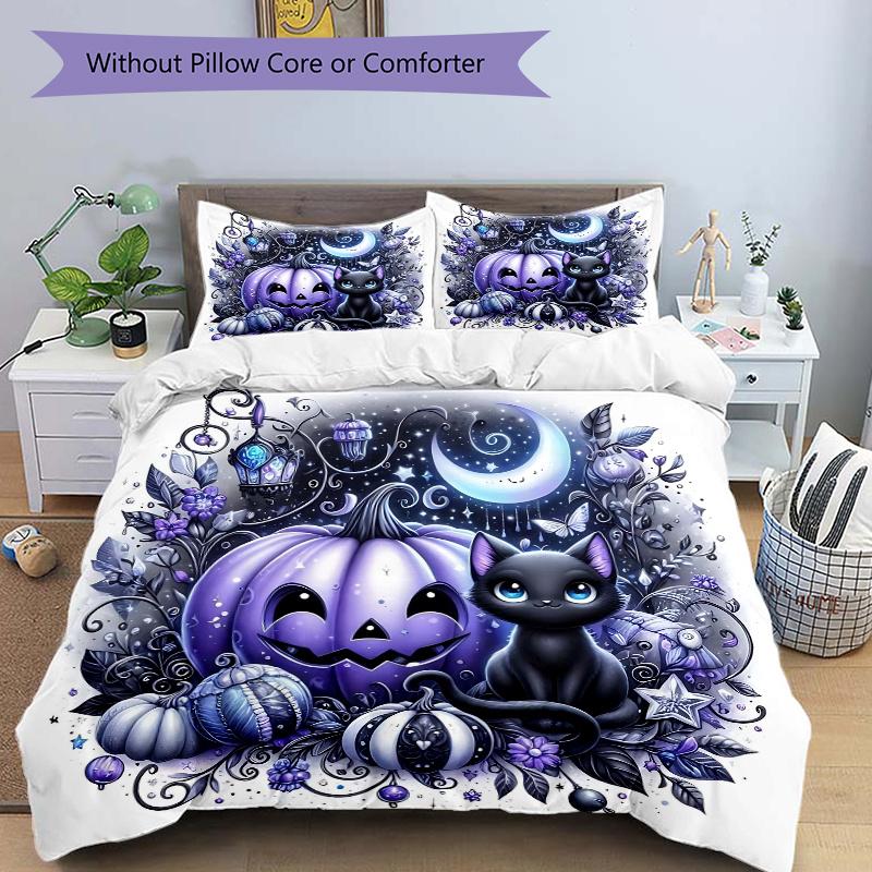 3pcs Happy Pumpkin & Cat Print Bedding Set Soft and Comfortable, Suitable for Use in Bedrooms and Guest Rooms.N058