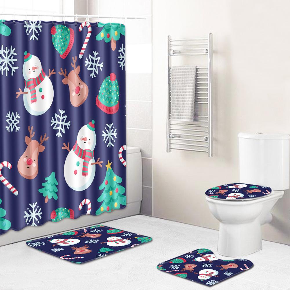 3D Printed Christmas Waterproof Shower Curtain Toilet Four-Piece Combination Set Household Doormat Floor Mat Carpet