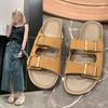 Big Size One Word Slippers Female Retro Belt Buckle Beach Flat Sandals Slippers Fashion Women Summer Shoes Breathable for Hot Weather