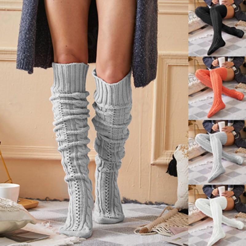 Womens Knit Over-the-Knee Socks Long Tube Solid Color All Season Youth Medium Thickness