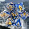7 Pcs Blue Flowing Sand Golden Number Sharp Edge Resin Dice Polyhedral Dice Suitable for Role-Playing RPG Board Game