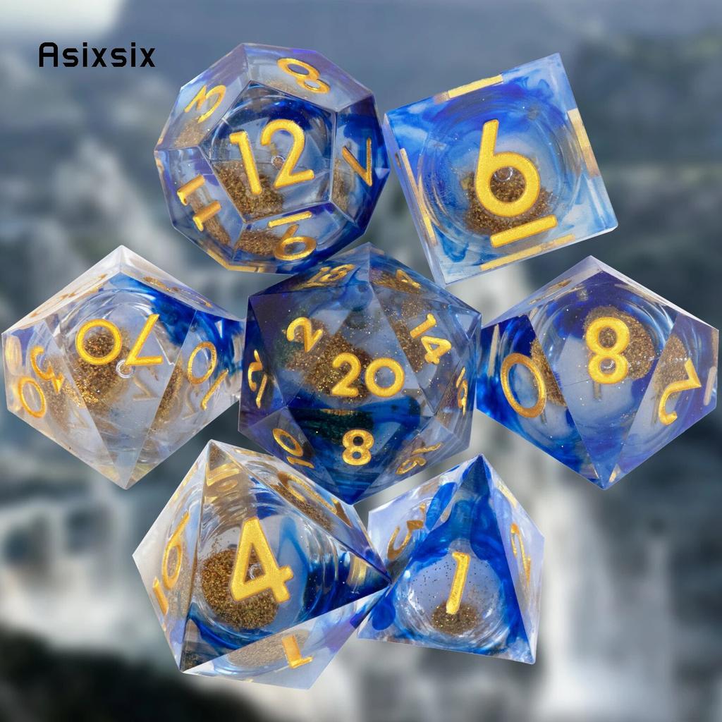 7 Pcs Blue Flowing Sand Golden Number Sharp Edge Resin Dice Polyhedral Dice Suitable for Role-Playing RPG Board Game