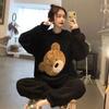 Pajamas Female Winter Flannel Long-Sleeved Thickened Padded Coral Fleece Long Hair Cute Black Bear Homewear Suit Women