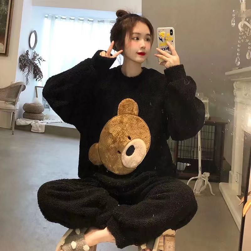 Pajamas Female Winter Flannel Long-Sleeved Thickened Padded Coral Fleece Long Hair Cute Black Bear Homewear Suit Women