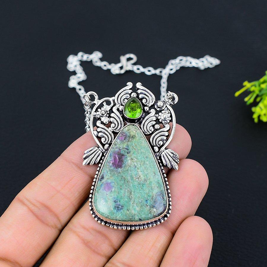 К2 Азурит, Перидот Драгоценный камень 925 Стерлинговое серебро Подарочные украшения Ожерелье 18"