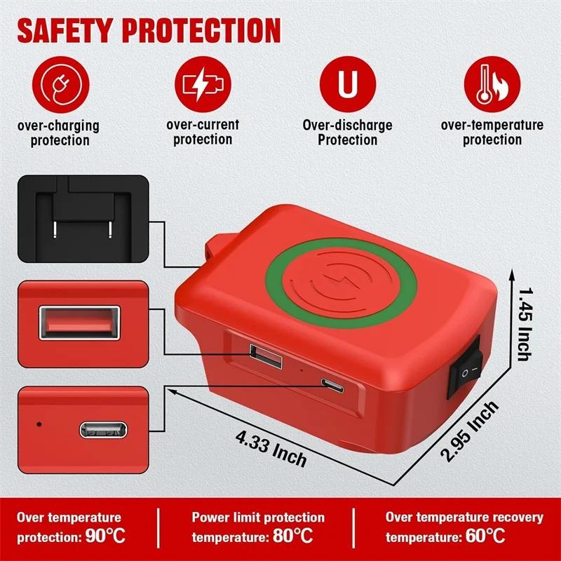 Портативный Power Bank с портом Type-C для аккумуляторов Makita/Dewalt/Milwaukee 18V Li-ion, Беспроводное зарядное устройство для телефона, USB-адаптер