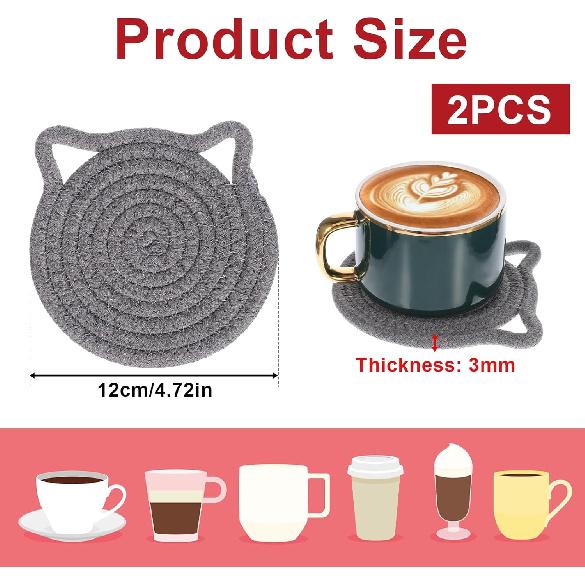 2 PCS Cute Coasters, Absorbent Fabric Mug Pads Cat Ear Shape Large Size Coasters for Drinks Handmade Braided Cotton Coaster for Wooden Table Tabletop