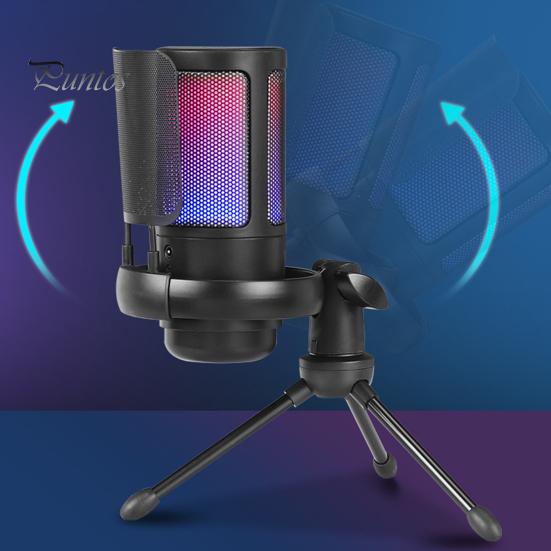 Игровой микрофон со штативом, шумоподавление, RGB-подсветка, дизайн, регулировка усиления, универсальный USB-микрофон с функцией Plug-Play