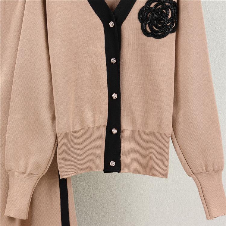 Осенне-зимний женский свитер больших размеров, комплект из кардигана с длинными рукавами и V-образным вырезом, свободные широкие брюки