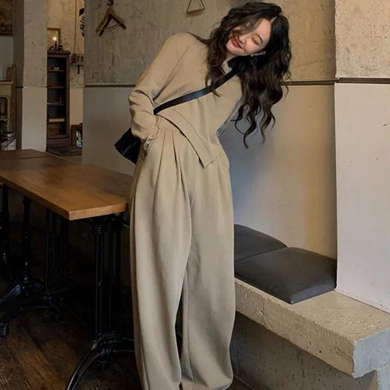 Однотонный пуловер нестандартной формы, комплект из двух предметов, женский осенне-зимний повседневный топ с длинными рукавами, широкий брючный костюм