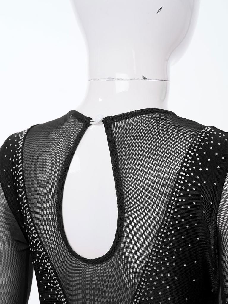 Детское стильное платье для катания на коньках для девочек с длинным рукавом и V-образным вырезом, стразами, лоскутным шитьем, открытой спиной, танцевальная одежда