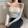 Women Halter Sweater Slim Off Shoulder Long Sleeve Top Female Black Knitted Short Tops Solid All-match Girl Crop Sweaters