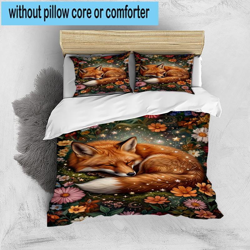 Fox Dreams In Space 3pcs Bedding,Including 1pc Duvet Cover And 2pcs Pillowcases Perfect for Christmas,Ideal for Bedroom, Dormitory