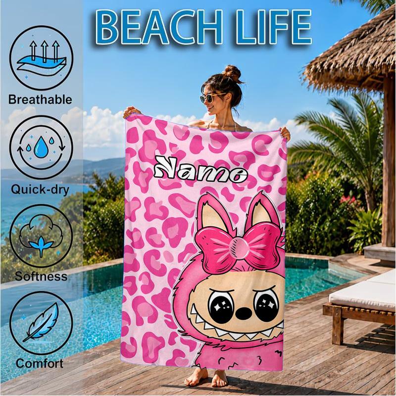 Custom Name Beach Towel Pink Labubu Cute Theme Microfiber Beach Towel, Lightweight for Summer Travel, Swimming Pool Fan Birthday Gift
