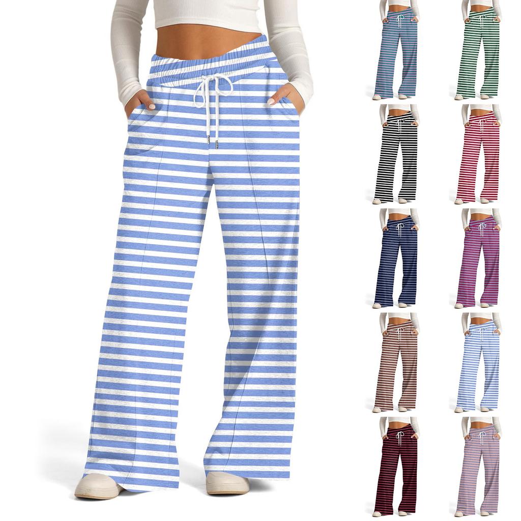 Women's Wide Leg Casual Pants High Waist Striped Sports Pants