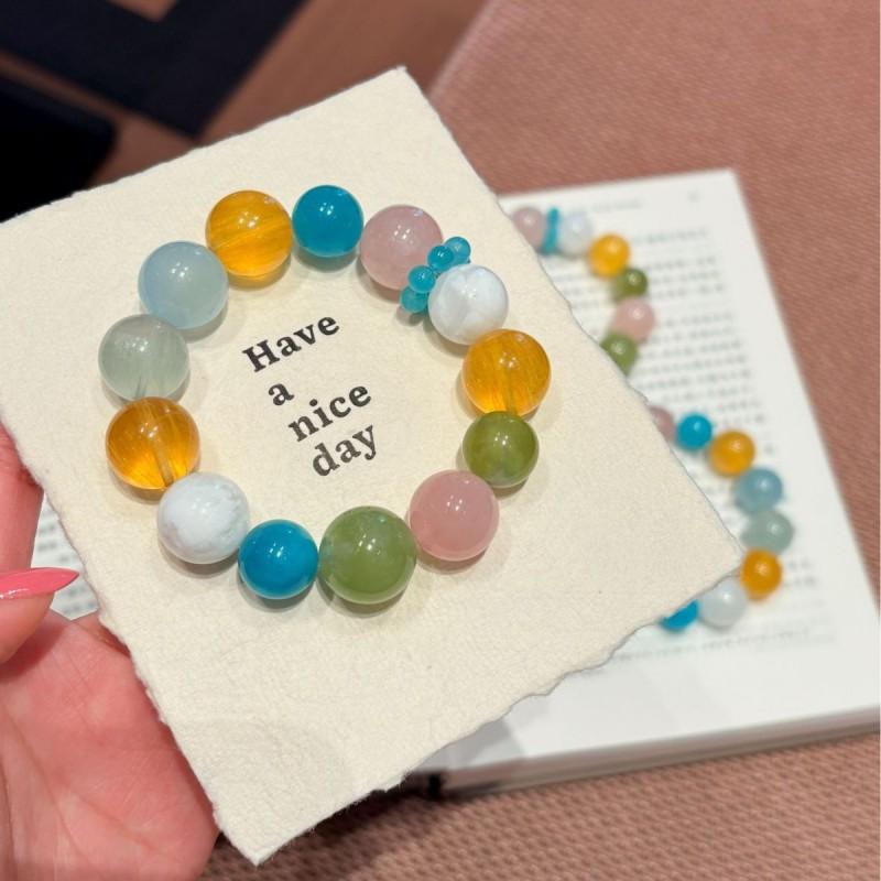 Handmade Natural Multi-Stone Beaded Bracelet With Aquamarine Xiuyu Stones 15mm Round Beads Rainbow Style Women