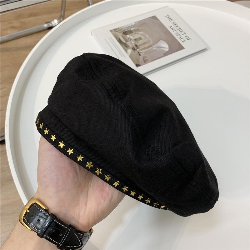 Hat Female 2022 Fashion Thin Metal Star Black Beret Breathable Painter Hat Temperament Fashion Octagonal Hat