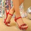 Women's Red 10cm Wedge  Heel High Waterproof 3.3cm Platform Sandals Dance Shoes  Crystal Sexy for Party With Rose LFD-1101-D3