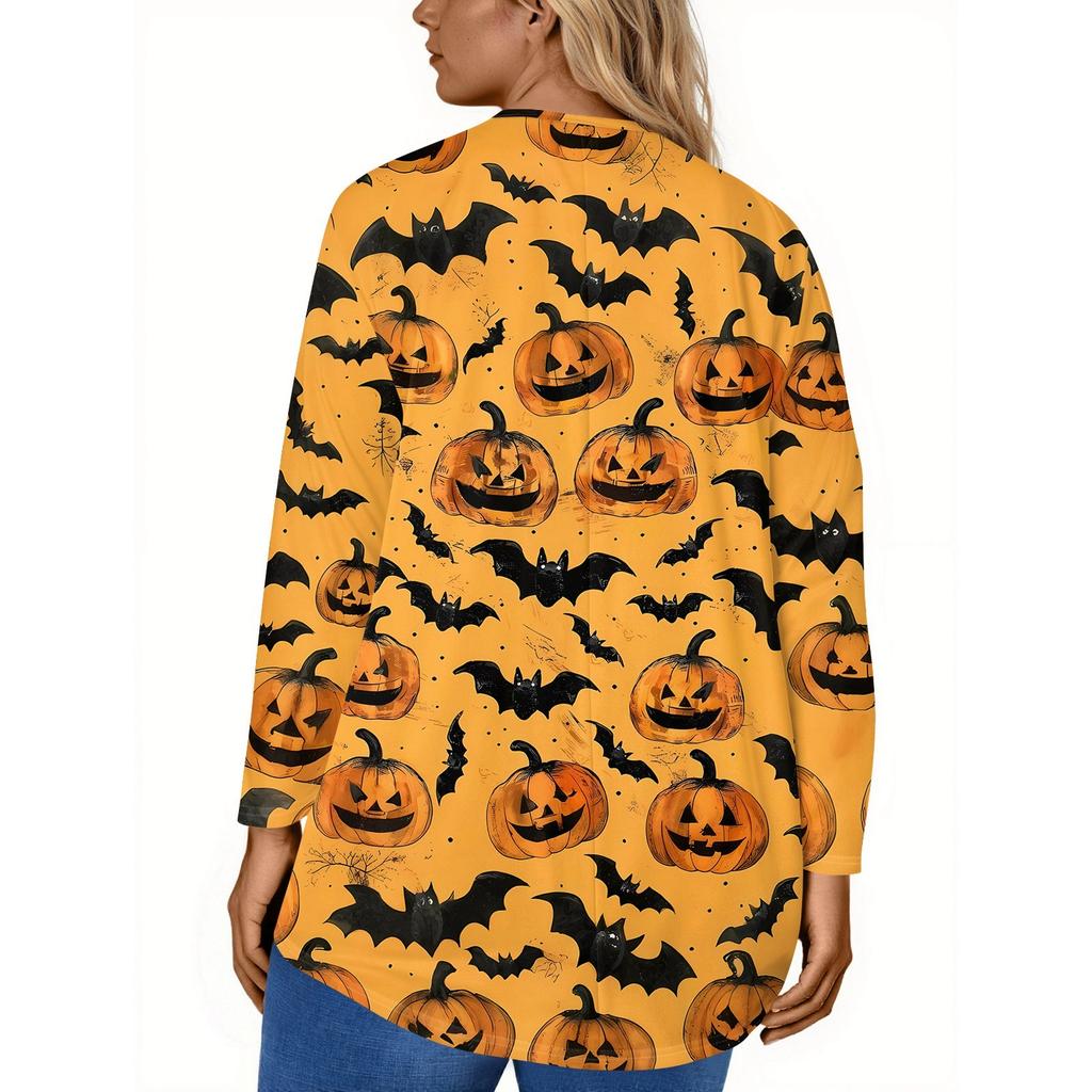 Женская мода Большой размер Круглый вырез Длинный рукав Повседневный Пуловер Топ с принтом на Хэллоуин Свободного кроя