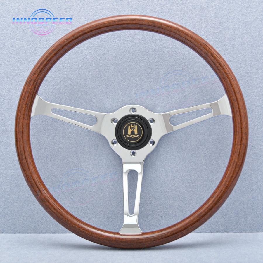 15Inch Imitation Wood Sport Steering Wheel Chrome Spoke Universal Modified Deep Corn Classic Wooden Steering Wheel for Racing
