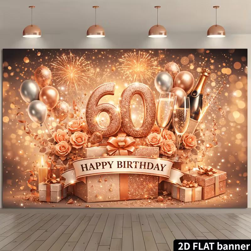 2D Rose Gold 60th Birthday Backdrop Shiny Glitter Number 60 Photography Banner