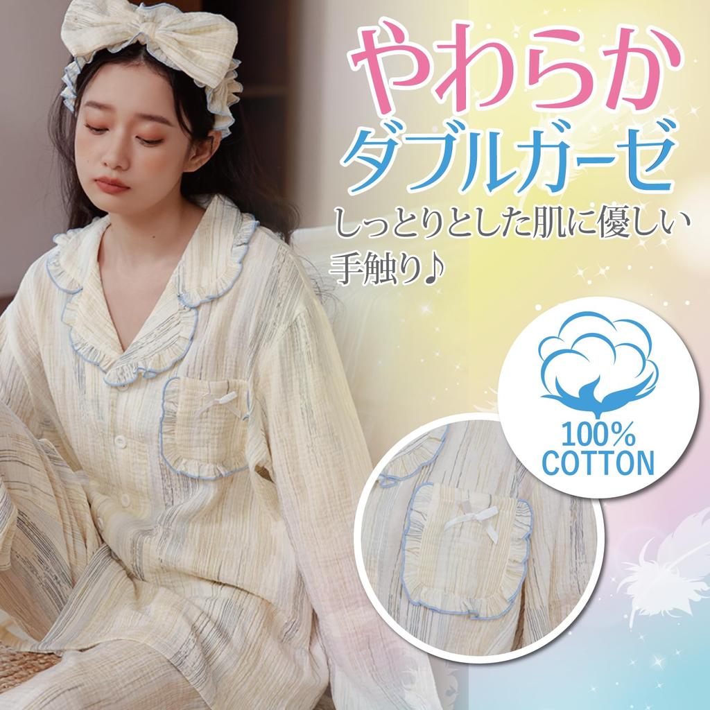 RAVIR Cotton Double Gauze Long Sleeves and Pants Random Pencil Stripe Relaxed Ivory and Size M Women's 100% Pajamas, Set, Design, Fit, Blue,