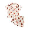 Kids Girls Summer Clothes Outfits Flower Print Turn-Down Collar Short Sleeve Tops and Elastic Waist Shorts 2Pcs Suit