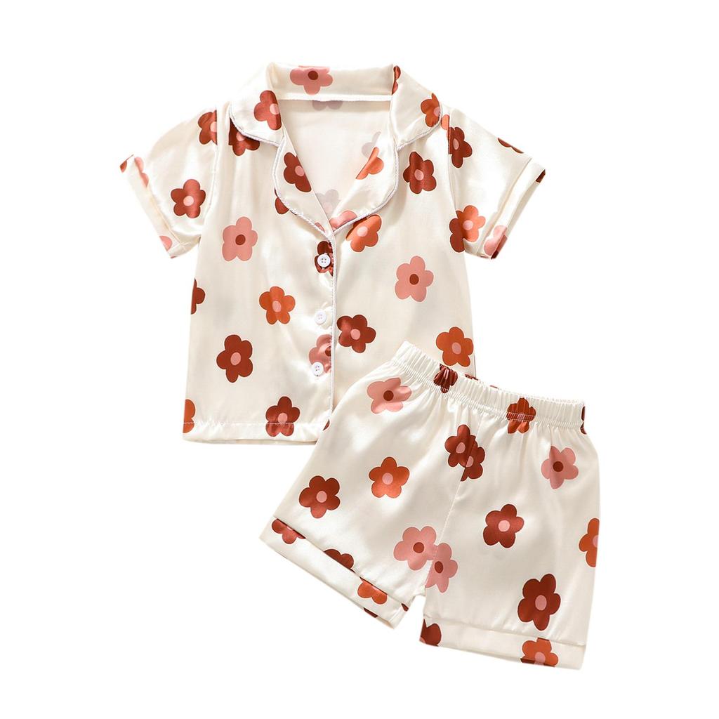 Kids Girls Pajamas Set, Flower Print Short Sleeve Turn-down Collar Tops with Elastic Waist Shorts Sleepwear
