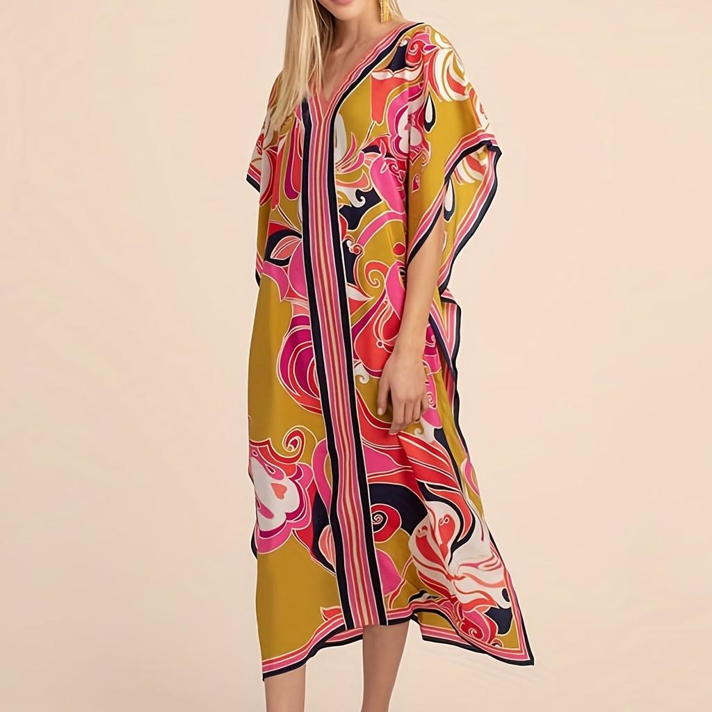 Повседневная накидка больших размеров, женская большая накидка с цветными блоками и принтом листьев, V-образный вырез, рукав «летучая мышь», разделенный подол, макси-накидка для Конингсдага/Дня короля