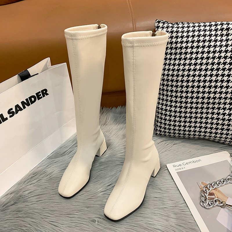 2024 Knee High Boots Women Fleece Chunky High Heels Back Zipper Thigh High Boots PU Leather Shoes Fashion Winter Long Boots