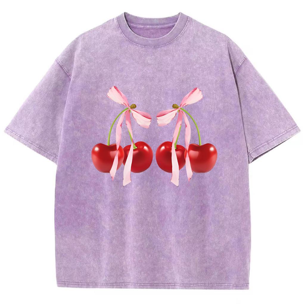 Футболка женская Sweet Girl Cute Wind Cherry Bow Print с круглым вырезом и коротким рукавом, летняя