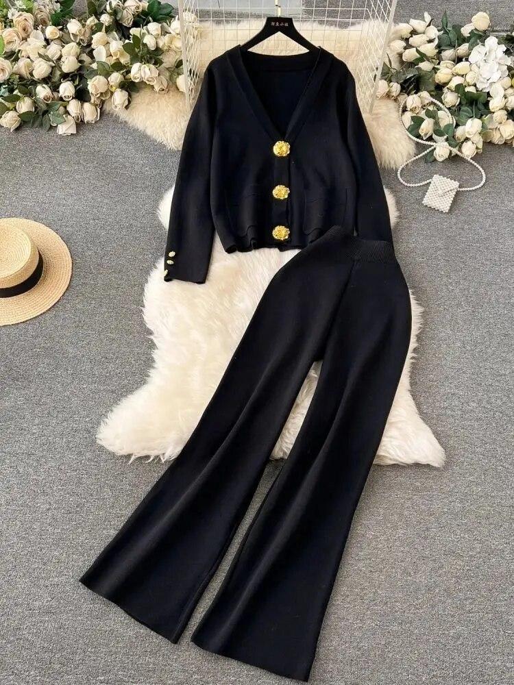 Осень-зима, кардиган с золотыми пуговицами и V-образным вырезом, карманы, вязаные свитера + широкие брюки, спортивные костюмы, длинный комплект из двух предметов