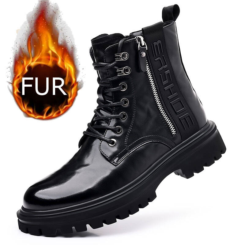 Winter Men's Brand Side Zipper Business Casual High Top with Plush Cotton Boots Fashionable Men's Lace Up High Top Leather Boots