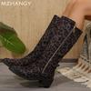 Модные женские леопардовые высокие сапоги из замши до колена на низком каблуке, женские модные зимние повседневные мотоциклетные сапоги 2025 года Mujer Botas
