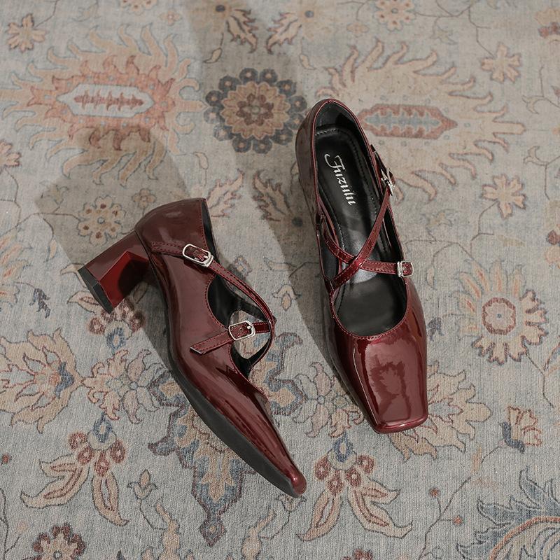 Cross-buckle 2025 spring new Mary Jane women's shoes square head retro silver thick heel light mouth versatile French single shoes